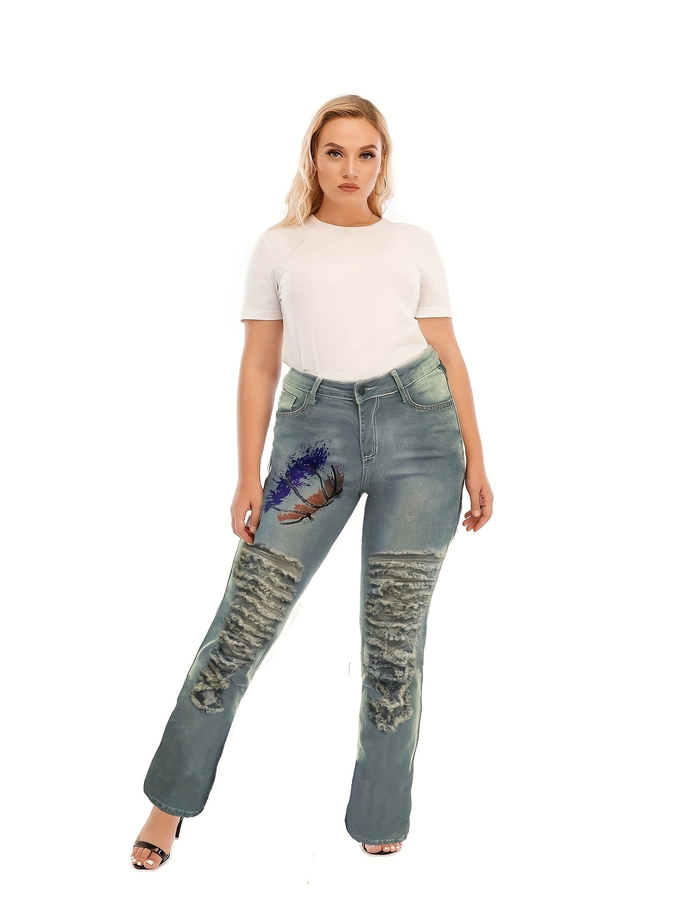  Retro Jeans Women's Plus Graphic Distressed Straight Leg Jeans