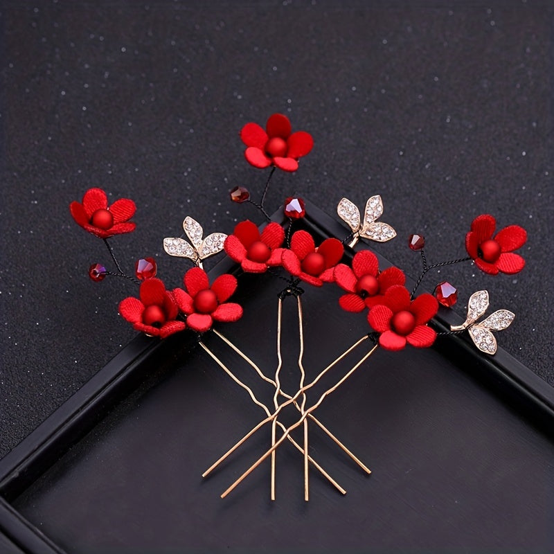 Red Flowers Headband Hairpins Clip Earring Set Chinese Style Bridal Wedding