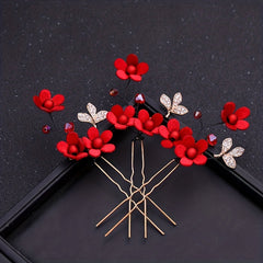 Red Flowers Headband Hairpins Clip Earring Set Chinese Style Bridal Wedding