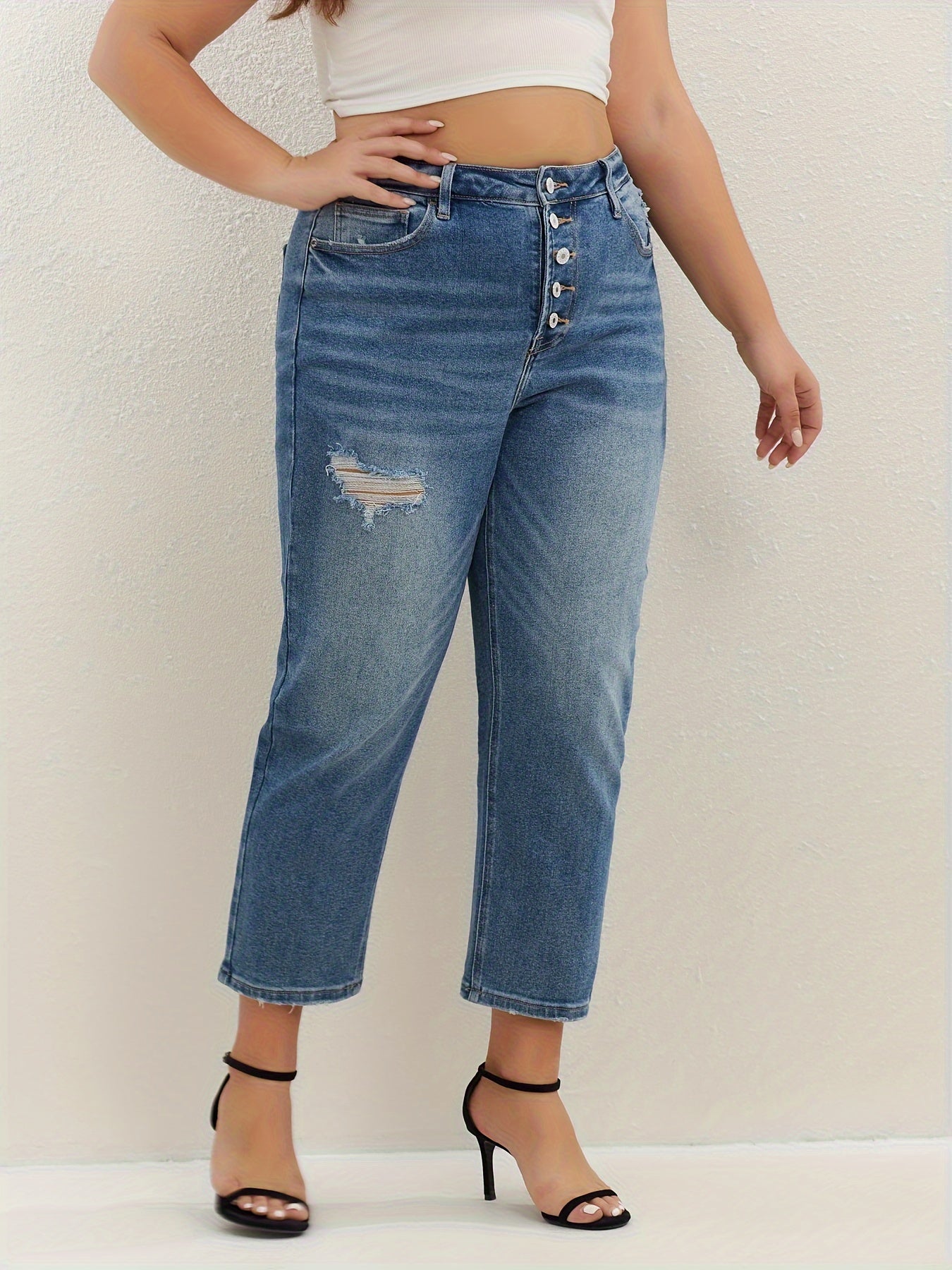  Ripped Button Up High Rise Crop Jeans