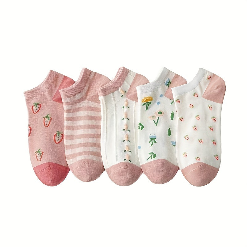 5 Pairs Floral Print Low Cut Ankle Socks Women's Stockings