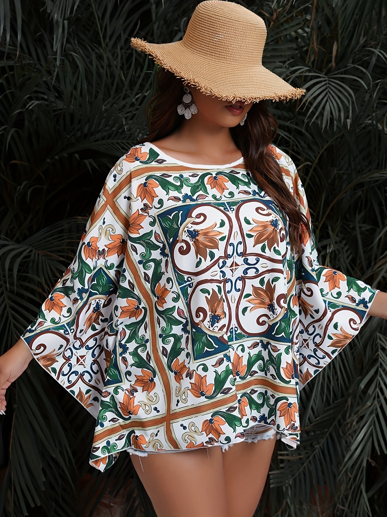  Floral Print Bat Sleeve Cover Up