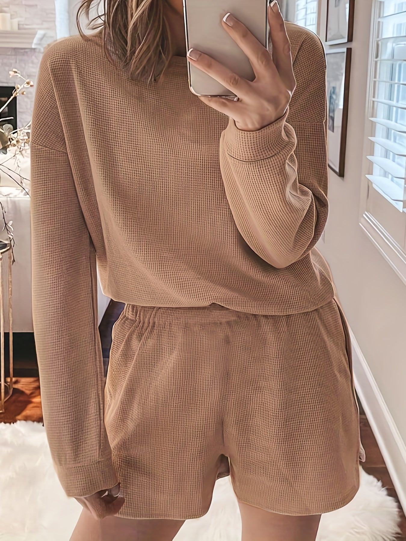 Women's Plus Waffle Knit Long Sleeve Top & Shorts Set