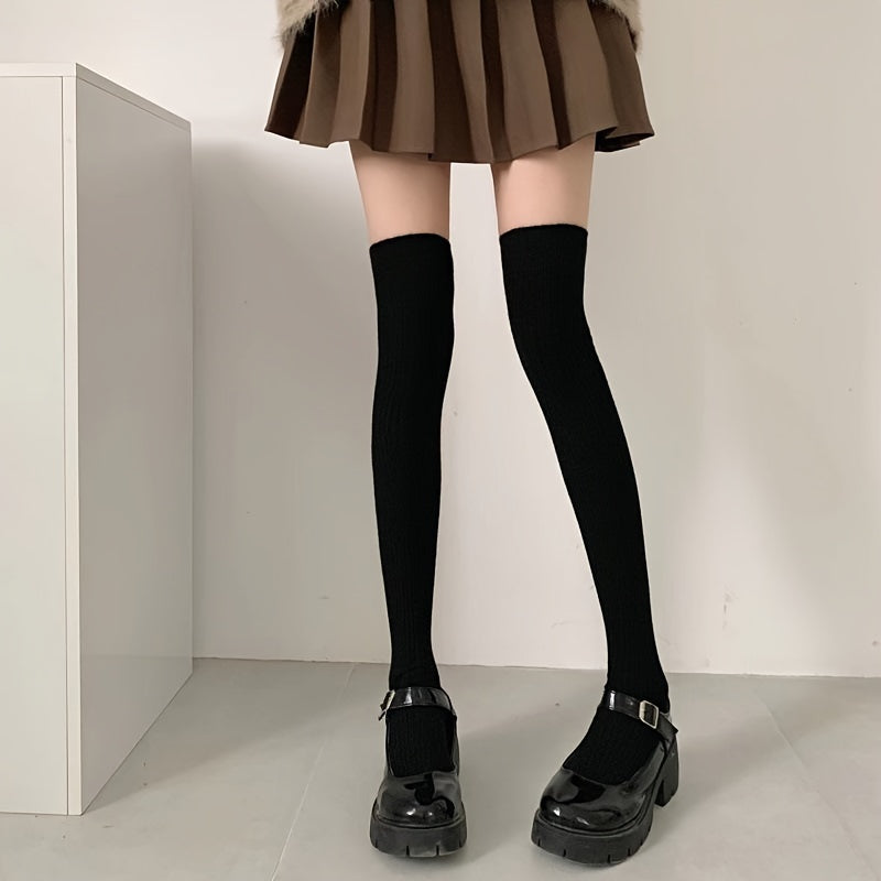2 Pairs Solid Thigh High Socks Warm Over The Knee Socks Stockings