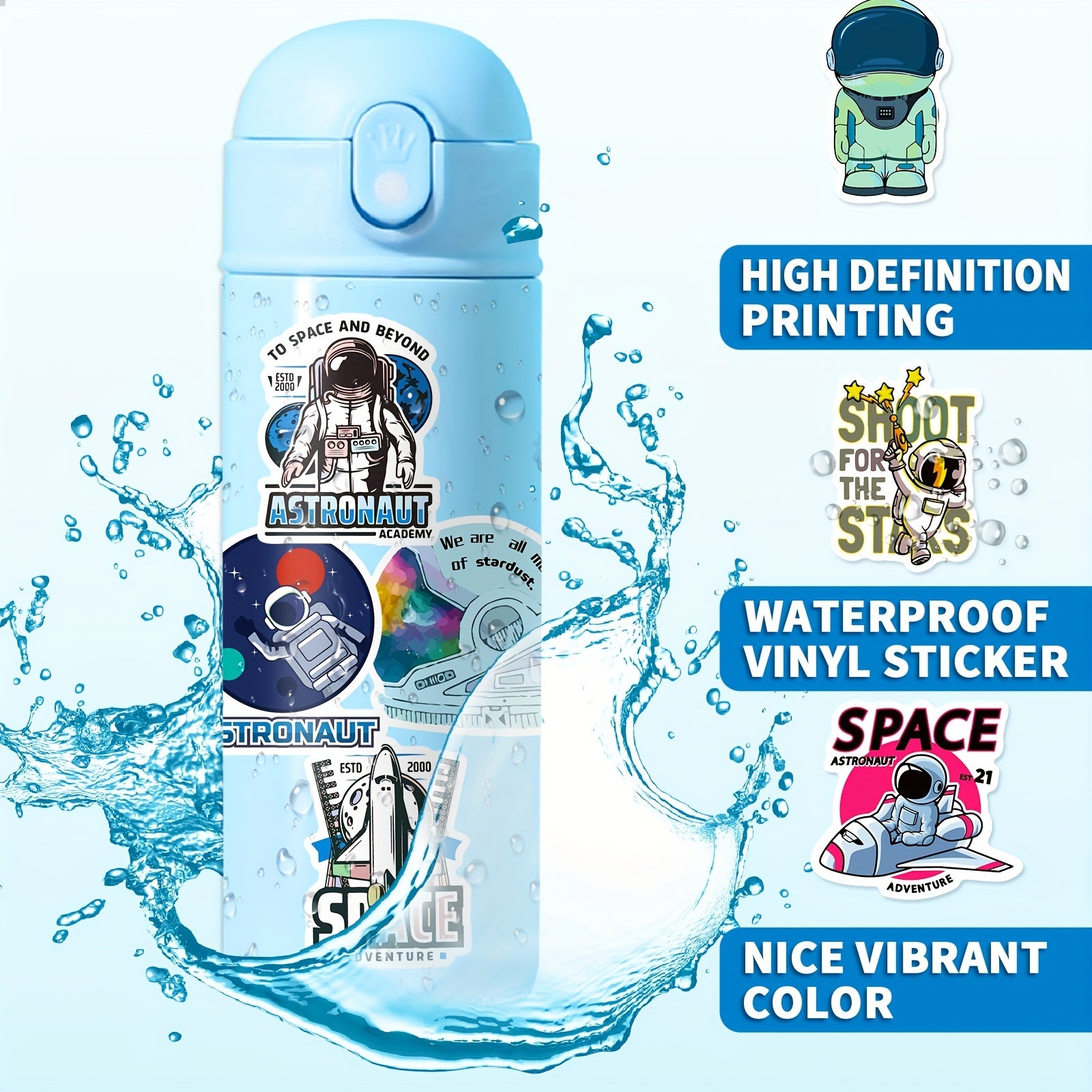 50pcs Space Stickers Waterproof for Laptops Water Bottles Skateboards