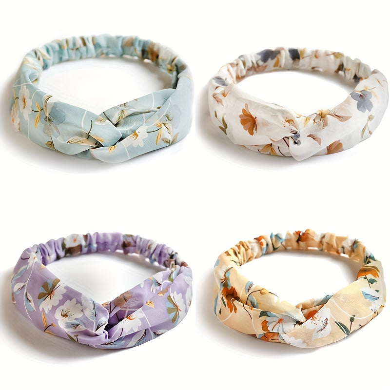 Floral Print Chiffon Headband Stretchy Headdress Hair Band