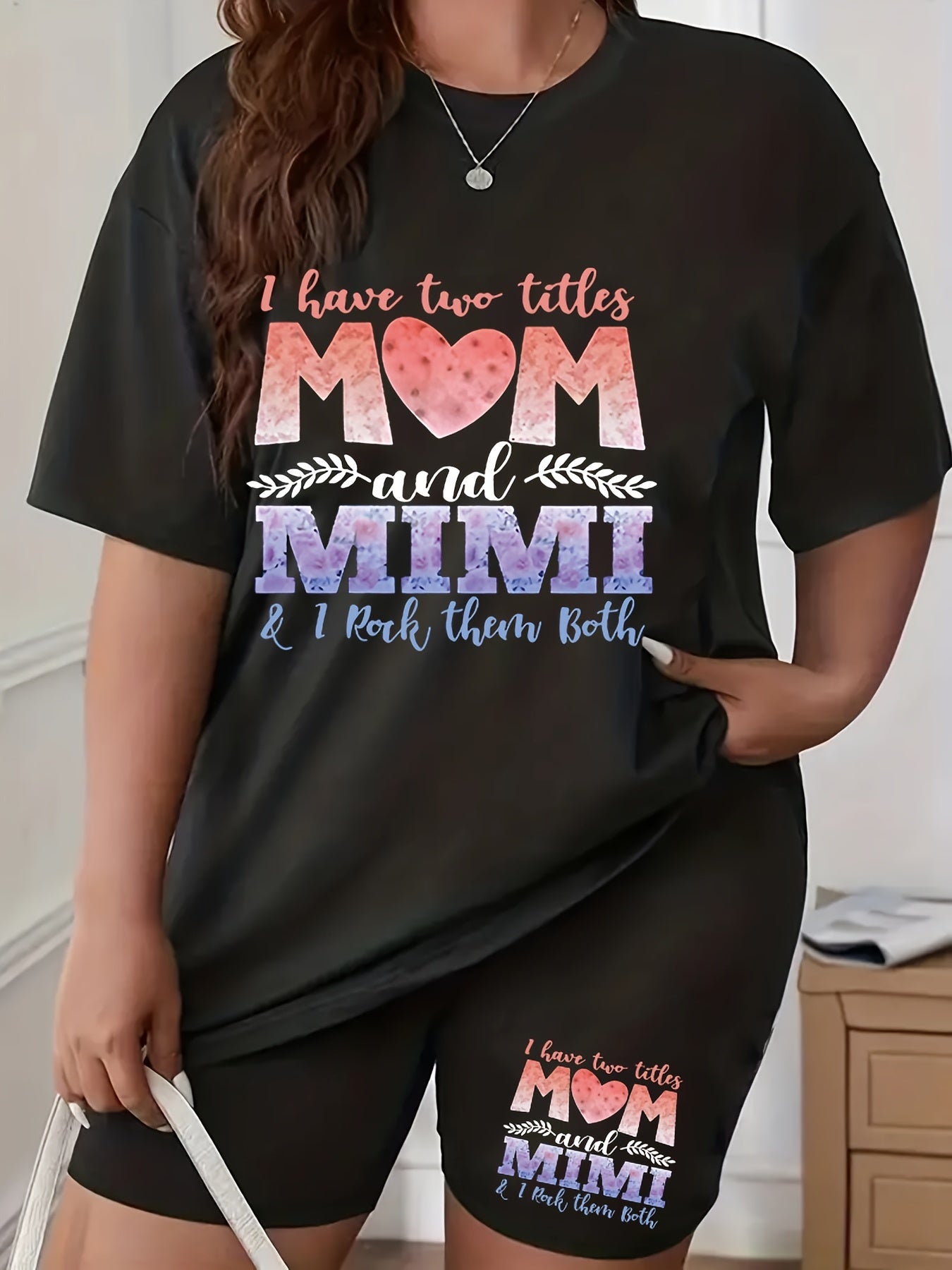  Family Casual Outfits Women's Plus Slogan Print Top & Shorts