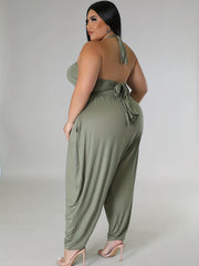  Solid Halter Neck Tie Back Cami Top & Harem Pants Set