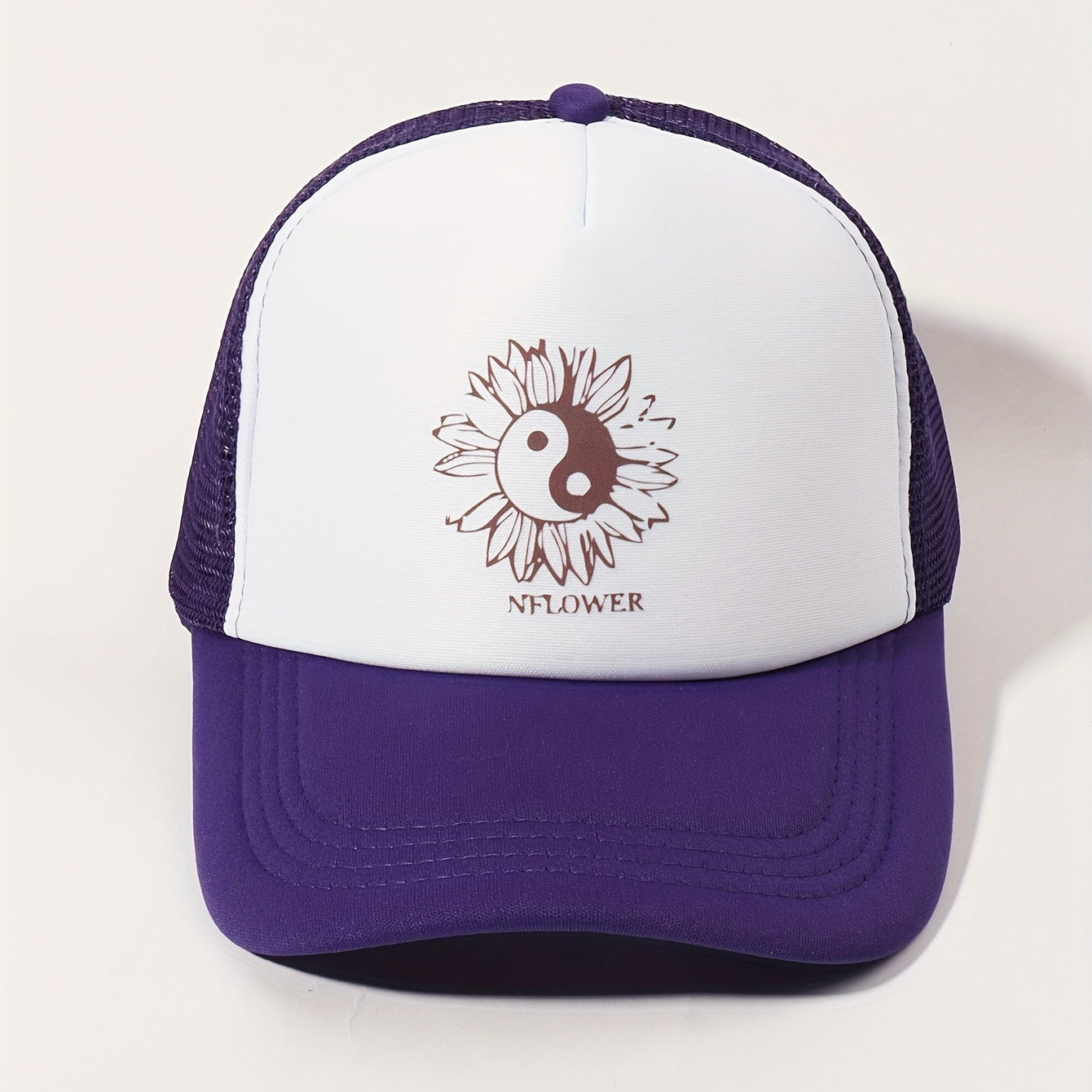 Sunflower Printed Trucker Hat Purple Mesh Baseball Cap Adjustable Dad Hats