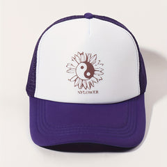 Sunflower Printed Trucker Hat Purple Mesh Baseball Cap Adjustable Dad Hats