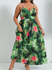  Boho Dress Women's Plus Tropical Print V Neck Nipped Waist Pleated Cam