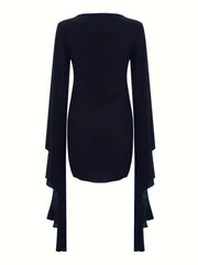 Goth Dress Women's Plus Solid Bell Sleeve V Neck Lace Up