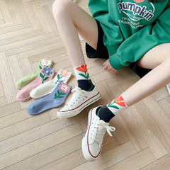 5 Pairs Floral Print Socks Comfy Mid Tube Women's Stockings