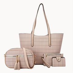 4Pcs Grid Pattern Tote Bag Set with Tassel Crossbody Bag