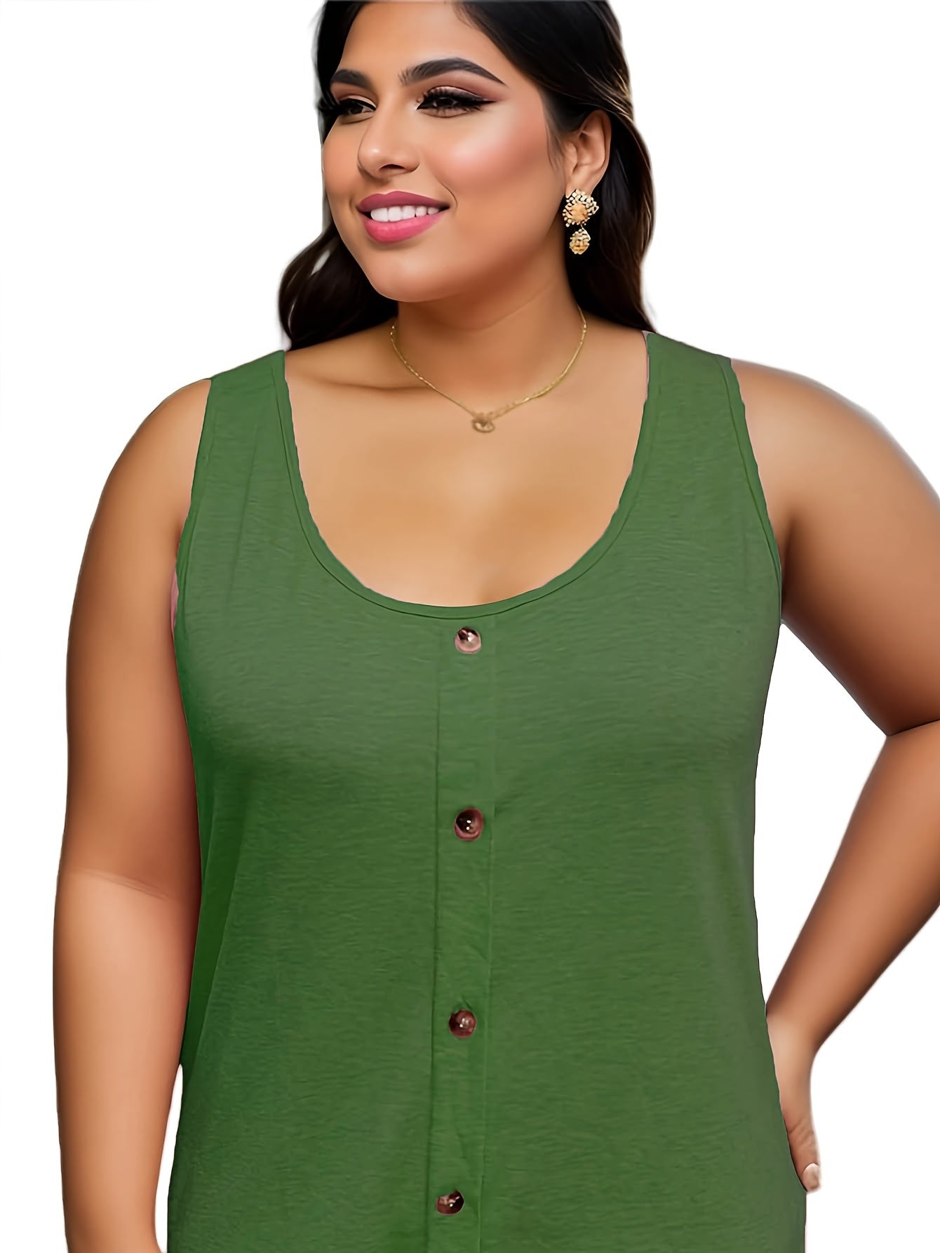  Casual Tank Top Women's Plus Solid Button Decor Round Neck Tank Top