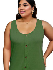  Casual Tank Top Women's Plus Solid Button Decor Round Neck Tank Top