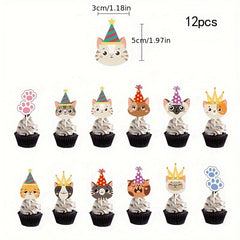 12pcs Cat Theme Birthday Party Cake Plate Set with Cat Face Flag