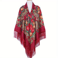 Vintage Flower Print Oversized Shawl with Tassel Wrap