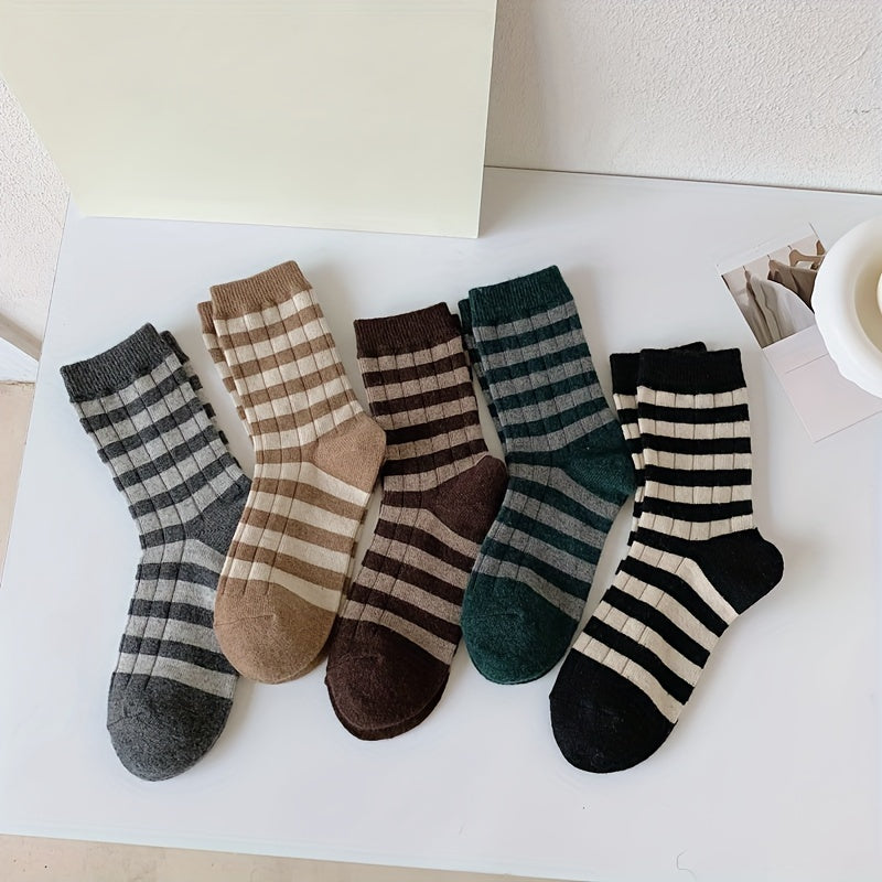 5 Pairs Striped Crew Socks Comfy & Breathable Women's Stockings
