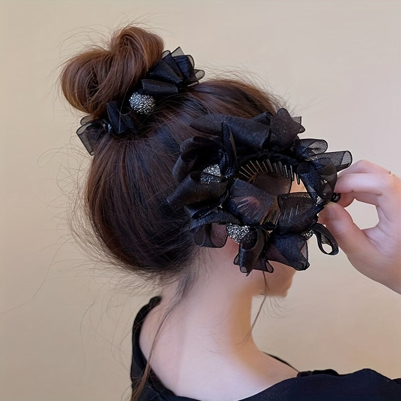 Ruffled Bow Decor Hair Claw Clip Large Duck Billed Clip Rhinestone Glitter Women