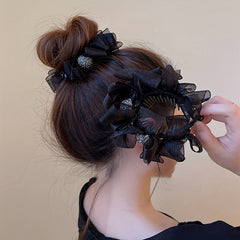 Ruffled Bow Decor Hair Claw Clip Large Duck Billed Clip Rhinestone Glitter Women