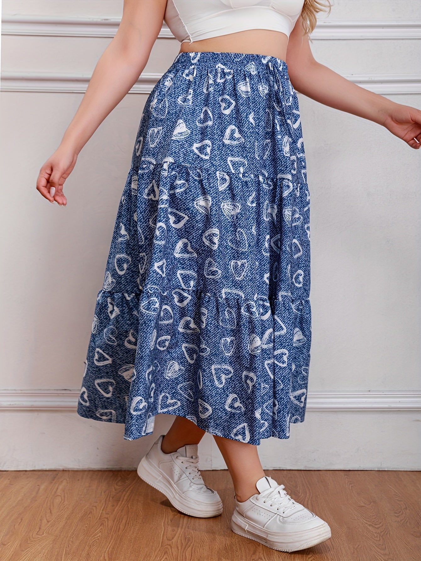  Heart & Denim Print Drawstring Maxi Skirt
