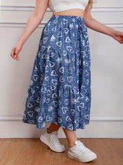  Heart & Denim Print Drawstring Maxi Skirt