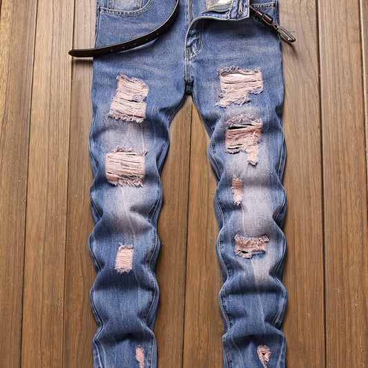 Slim Fit Ripped Jeans Men's Casual Street Style Distressed Denim Pants