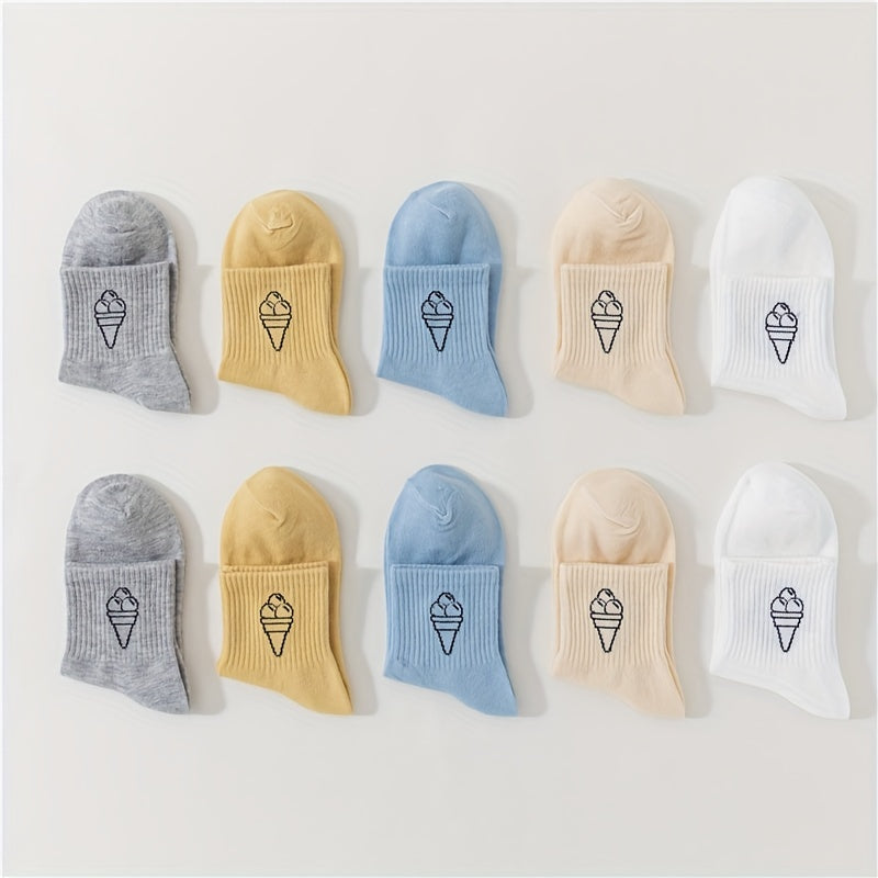 10 Pairs Ice Cream Print Socks Women's Crew Stockings & Hosiery