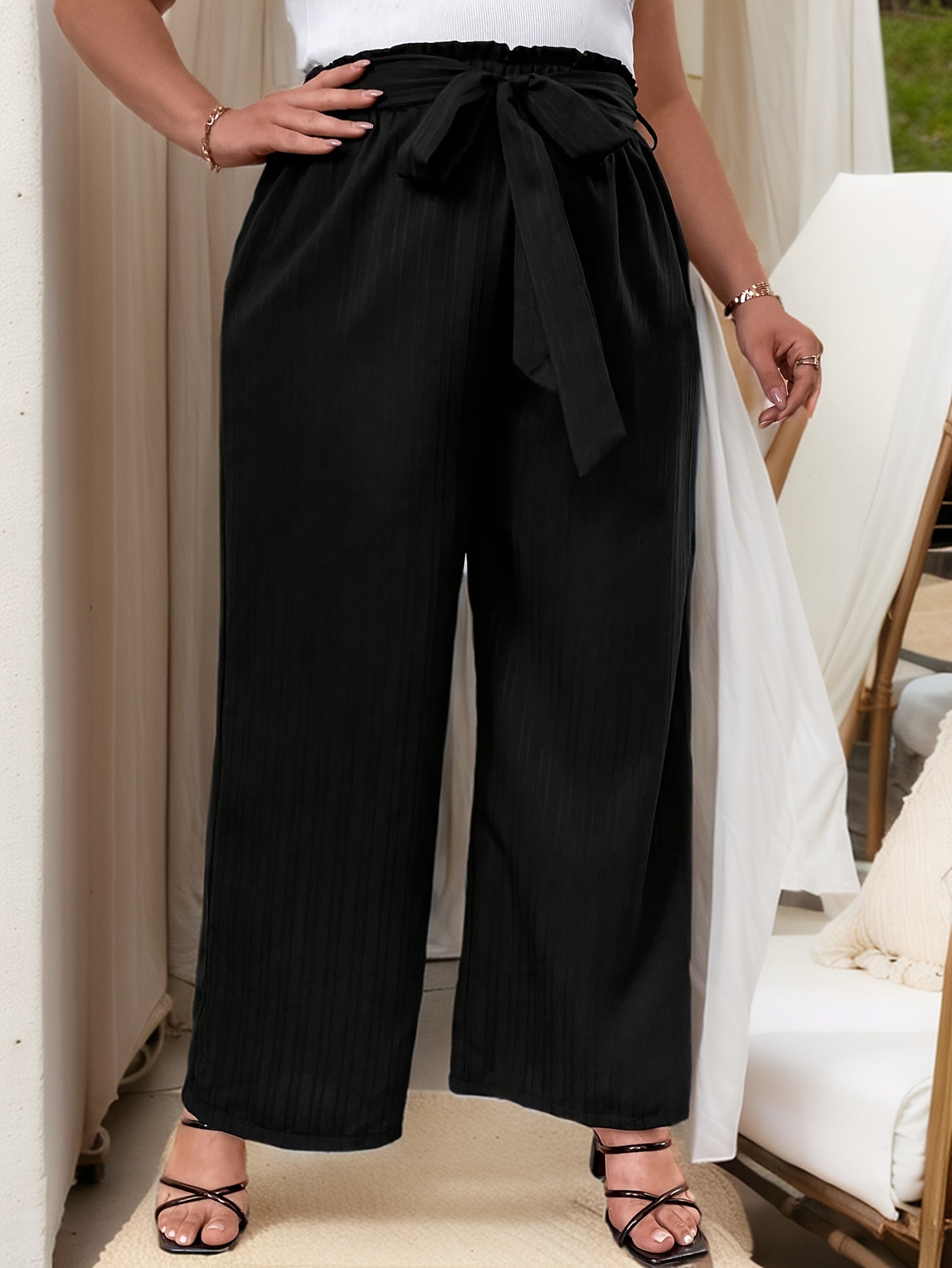  Solid Ribbed Wide Leg Trousers With Belt