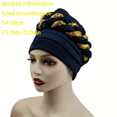 Sequin Braid Turban Cap Pleated Head Wrap Elastic Bonnet Chemo Hats