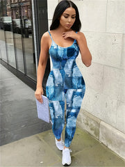 Denim Print Slim Spaghetti Jumpsuit Sexy Sleeveless Jumpsuit