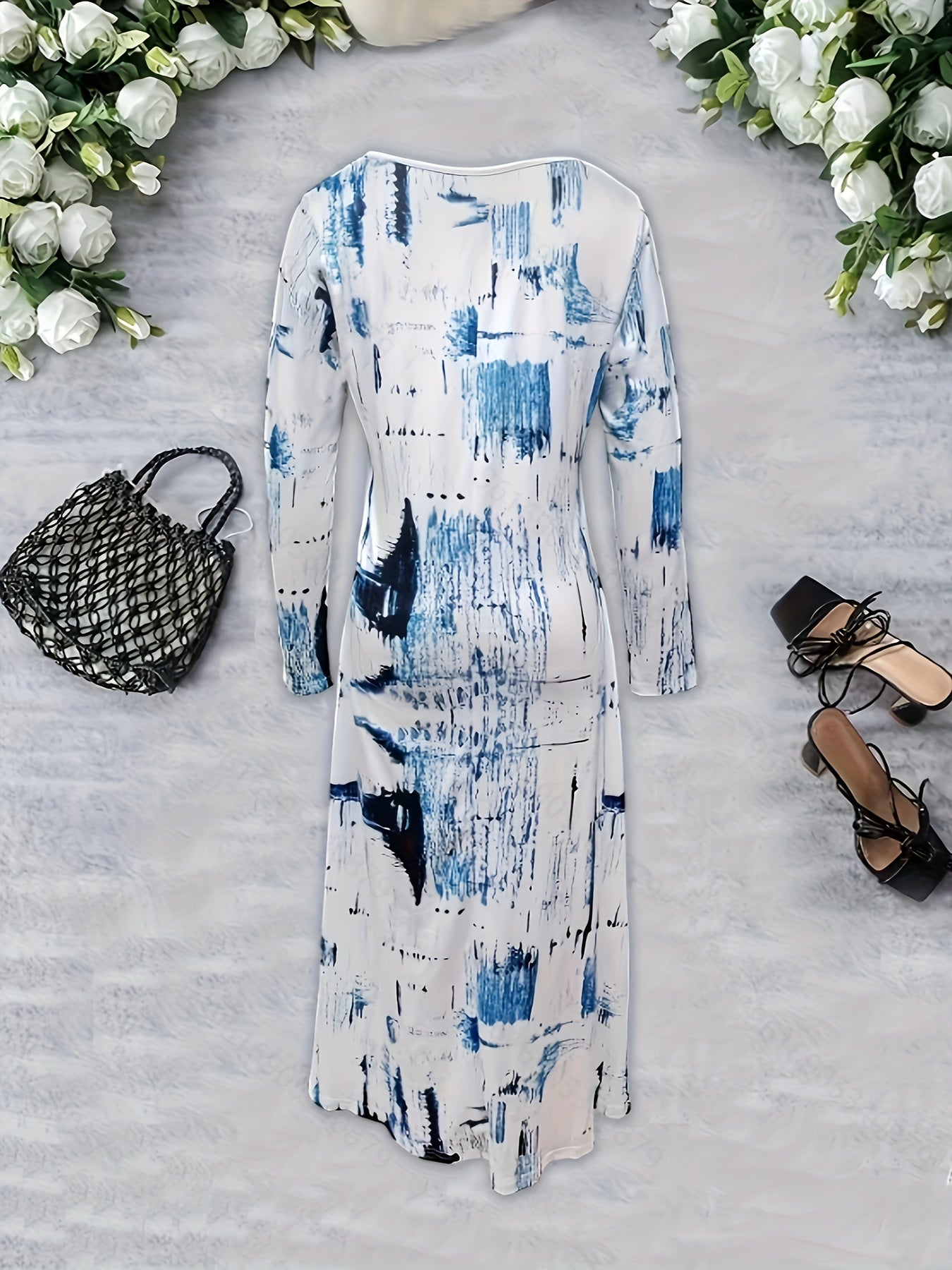  Tie Dye Long Sleeve V Neck Midi Dress