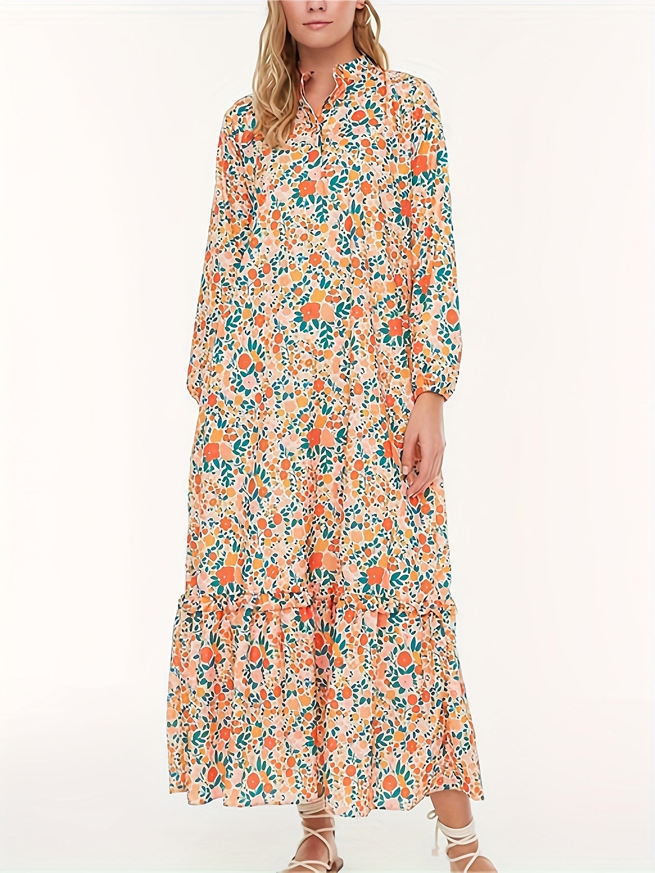  Ditsy Floral Lantern Sleeve Maxi Dress