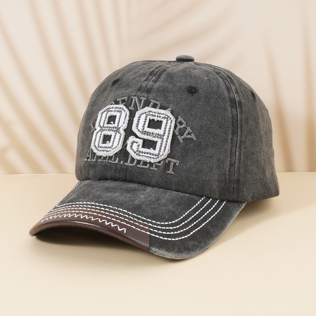 Distressed Baseball Cap with Leather Patch Embroidery