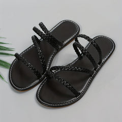 Women's Braided Flat Slippers Open Toe Non Slip Round Toe Slides Shoes