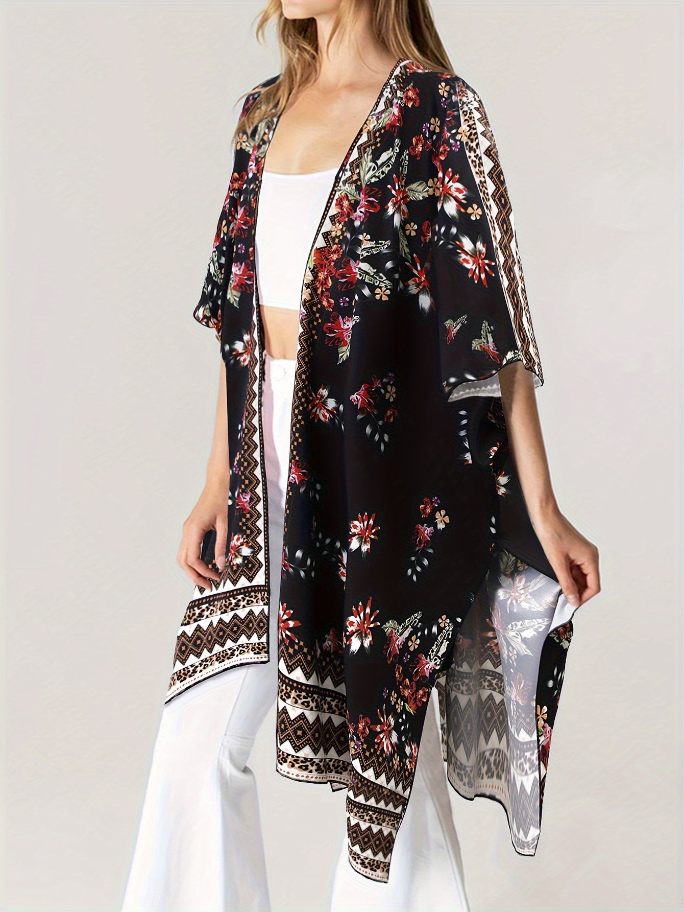  Border Floral Print Batwing Sleeve Beach Cover Up