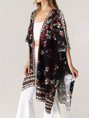  Border Floral Print Batwing Sleeve Beach Cover Up