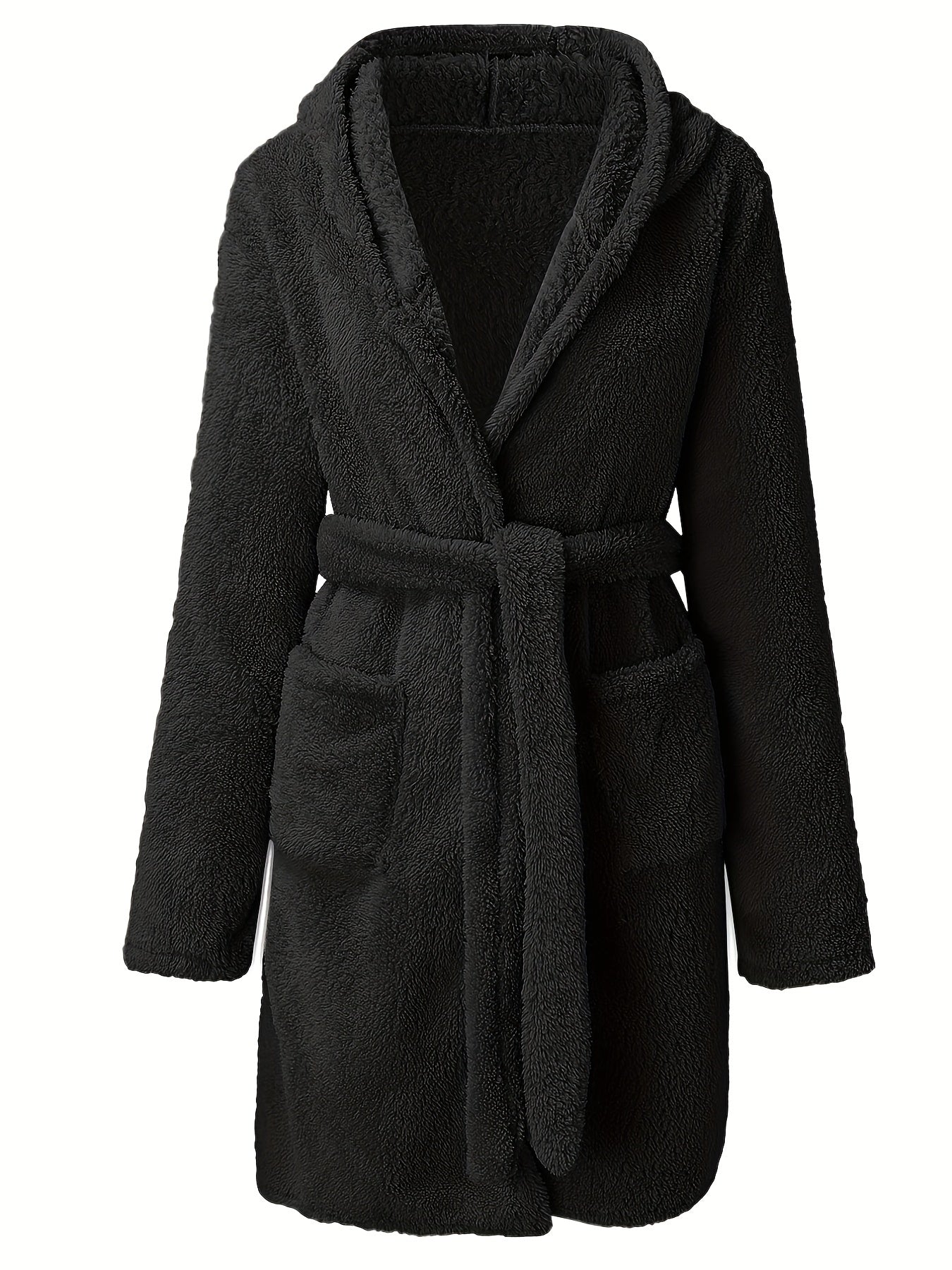  Plush Long Sleeve Hooded Bathrobe