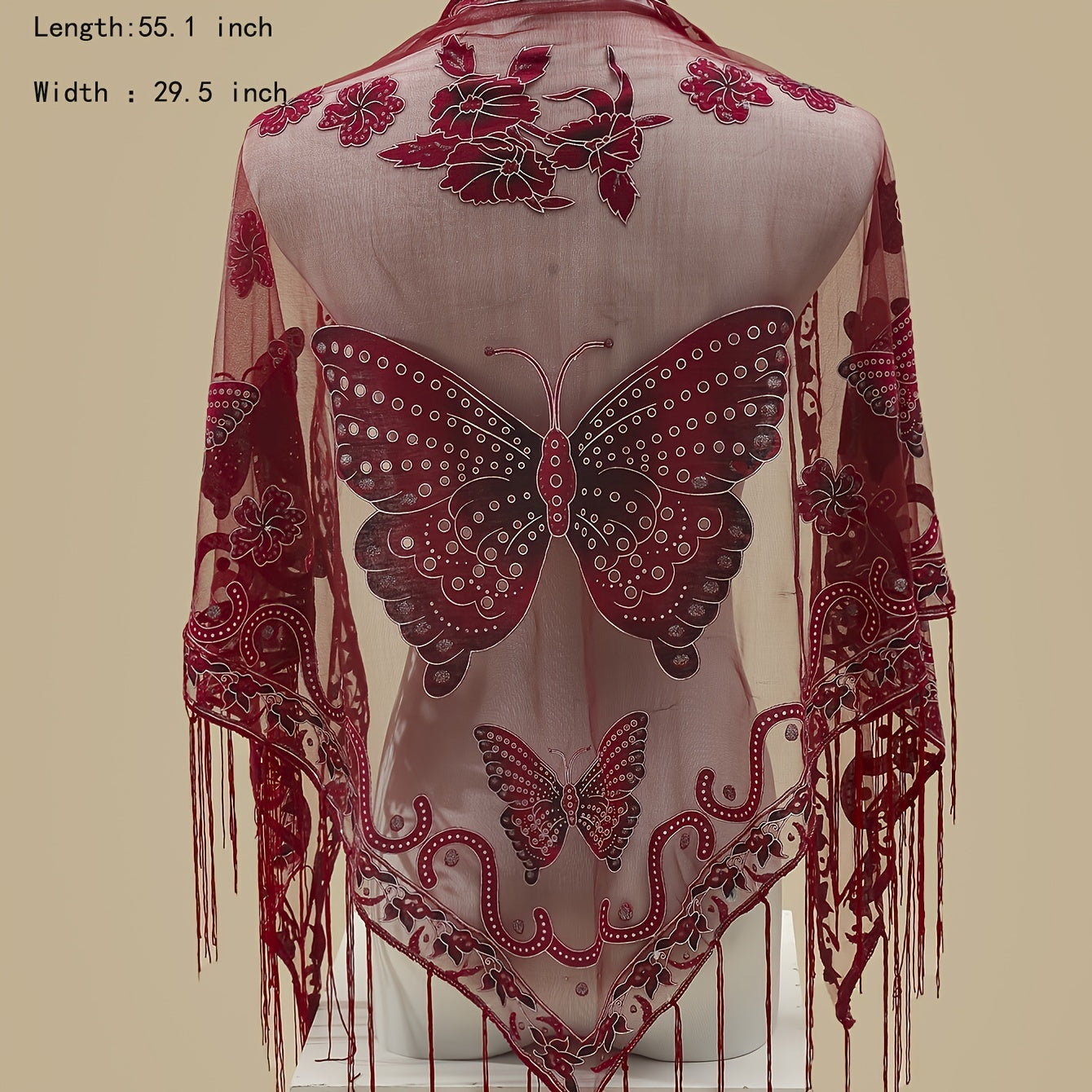 Triangle Scarf Butterfly Flower Embroidery Lace Tassel Shawl