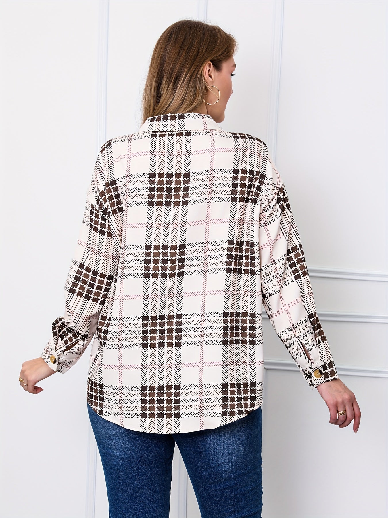  Casual Blouse Women's Plus Plaid Print Button Up Long Sleeve