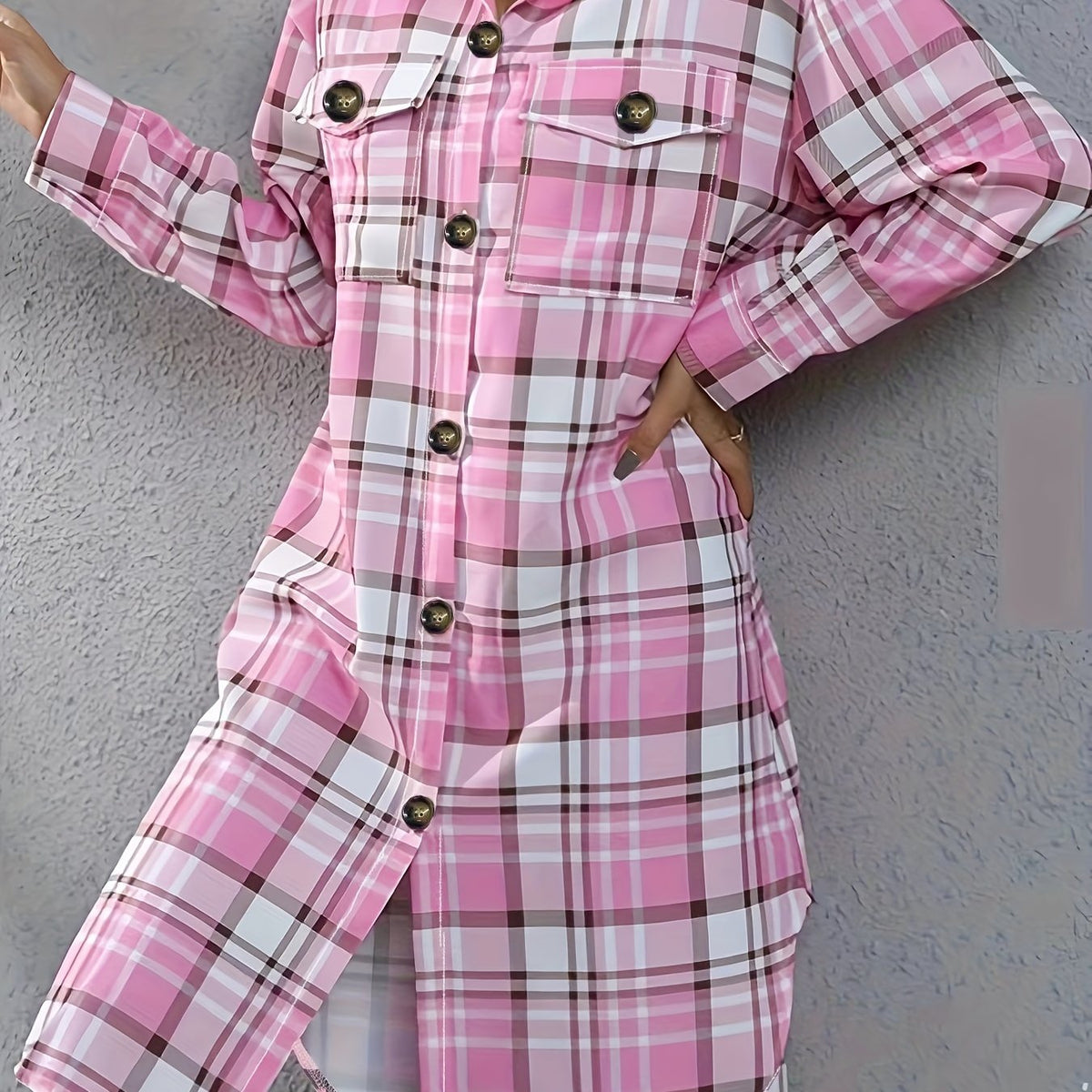  Plaid Print Button Up Long Sleeve Blouse
