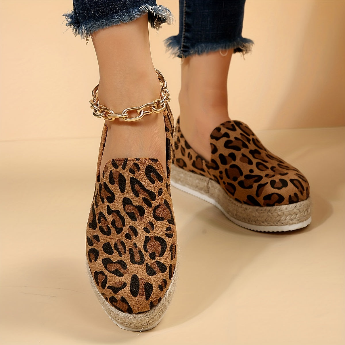 Leopard Print Espadrille Slip On Flatform Shoes