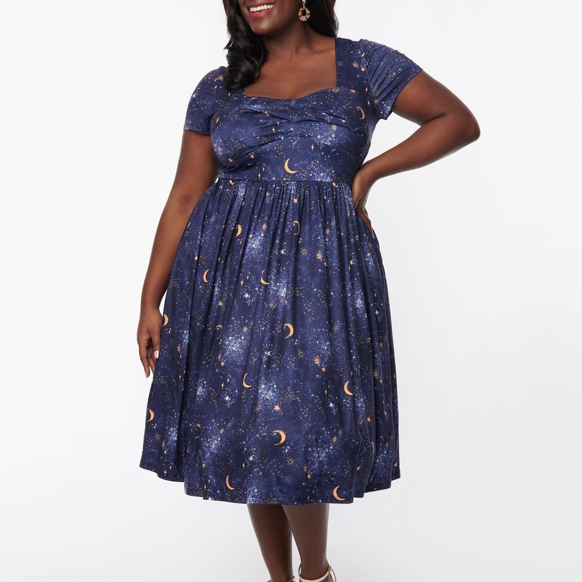  Women's Galaxy Print Cap Sleeve Stretch Pleated Dress