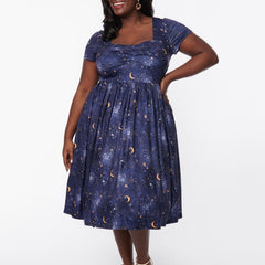  Women's Galaxy Print Cap Sleeve Stretch Pleated Dress