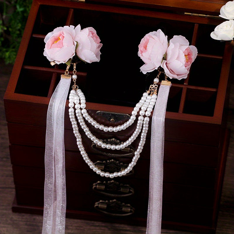 Chinese Style Flower Hair Clip With Faux Pearl Beaded Chain