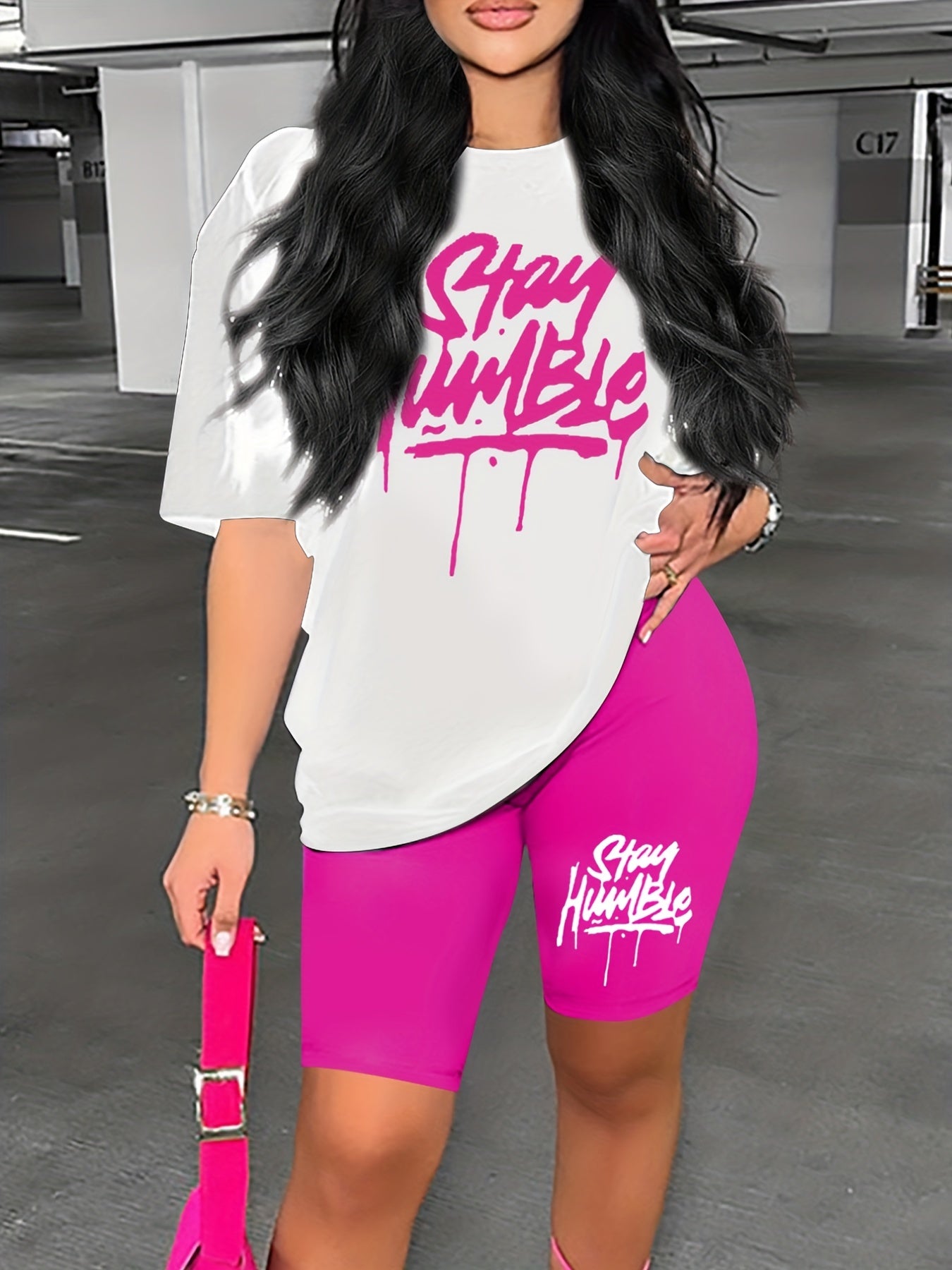Graphic Print Two piece Set Crew Neck Short Sleeve Tee & Slim Shorts Outfits