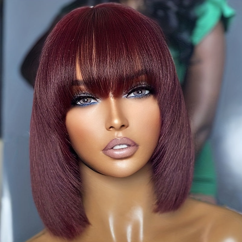 Burgundy Short Bob Wig with Bangs, Brazilian Human Hair, No Lace 180 Density