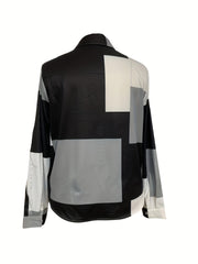  Colorblock Grid Print Button Up Blouse
