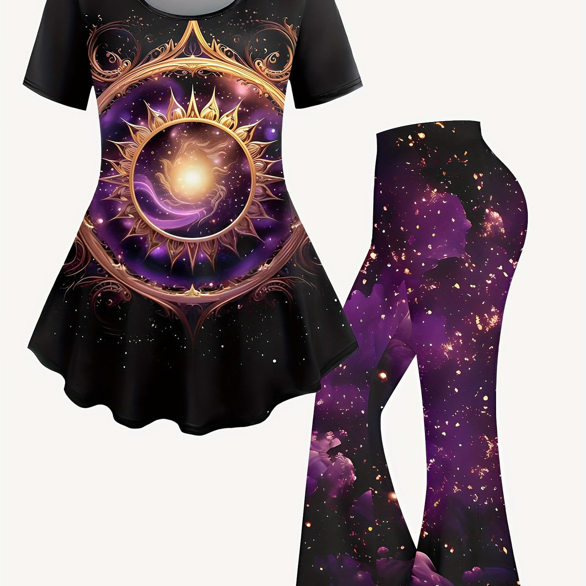 Women's Plus Galaxy Print Peplum Top & Pants Set